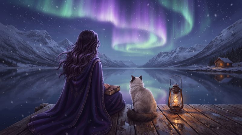 A woman seen from behind, in a purple cloak, sitting on a dock beside her cat and a lantern, facing a fjord under the aurora.