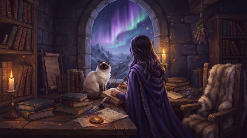 A writer seen from behind, in a purple cloak, writing by a window with the aurora outside; a Ragdoll cat watches her from the desk.