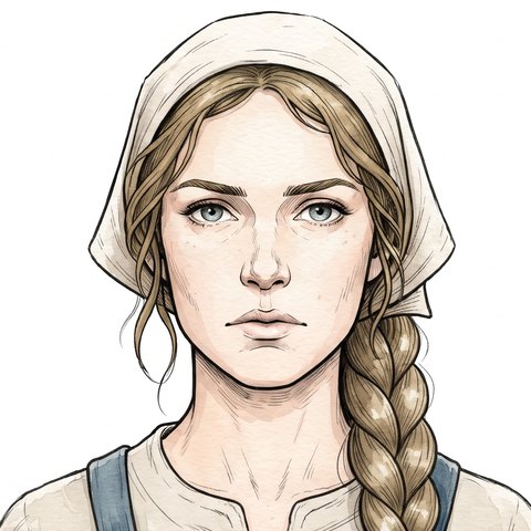 Portrait of Ása: a serious woman in a headscarf, with a long braid and a blue dress fastened with brooches.
