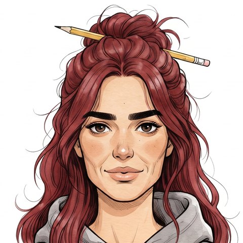 Portrait of Candela: long, wavy mahogany hair pinned up with a carpenter’s pencil, and a gray hoodie with a kitten on it.