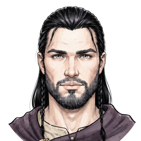 Portrait of Einar: long black hair with two thin braids, a short beard, gray eyes, and a purple cloak.