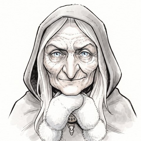 Portrait of Heid: a very old woman in a gray hood, with sharp, lively eyes and white fur gloves.