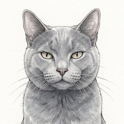Máni, a gray cat with golden-green eyes, looking straight ahead.