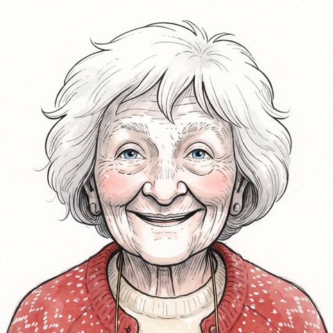 Portrait of Ragna: an older woman with short white hair, smiling, in a red knit cardigan.