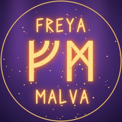 Freya Malva’s seal: her initials in runes, in gold on purple, with FREYA above and MALVA below.